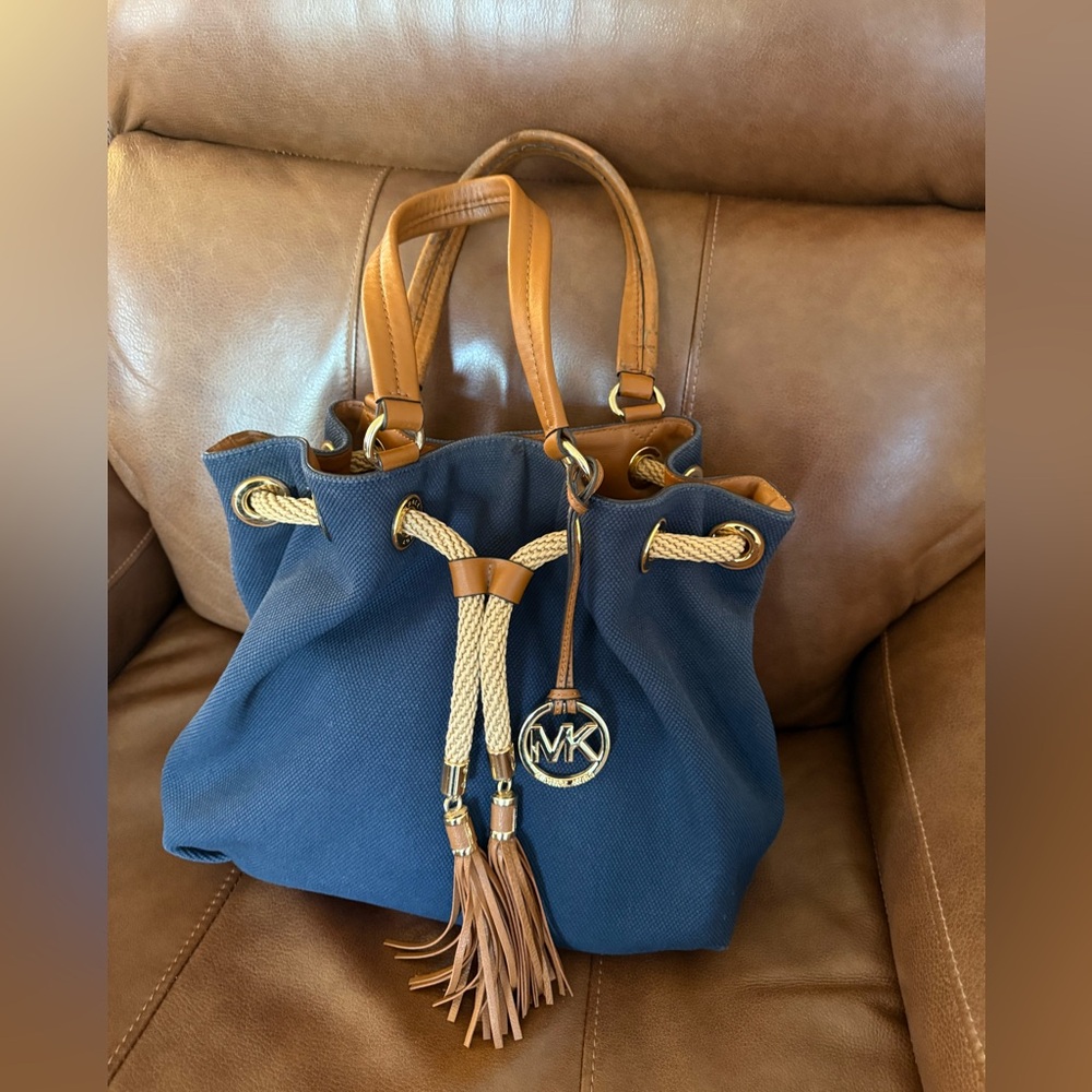 Michael Kors Navy Blue/Brown Canvas Marina Drawstring Tote